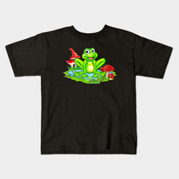 Cute Frog At The Pond And Mushrooms Nature Kids T-Shirt by Foxxy Merch